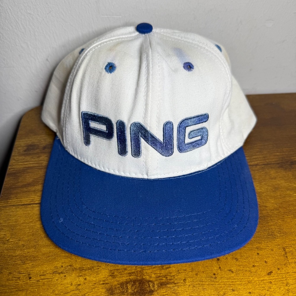 Vintage PING Golf Hat Strapback White Blue Made in USA Cap